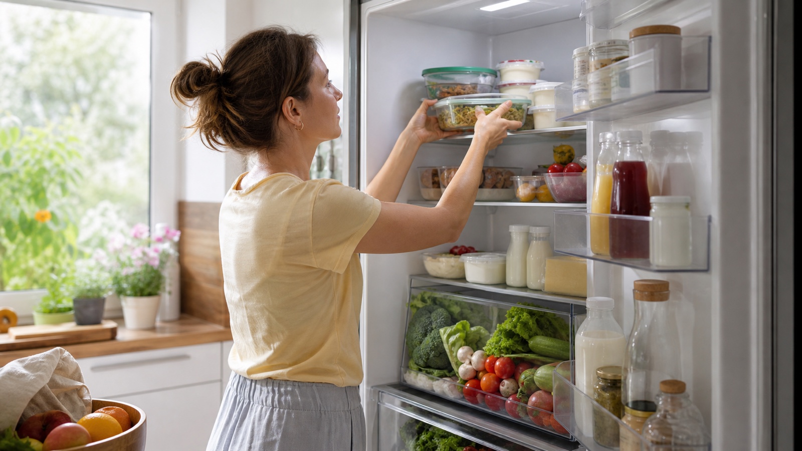 Geöffneter Kühlschrank mit ordentlich einsortierten Lebensmitteln in einer hellen Sommerküche