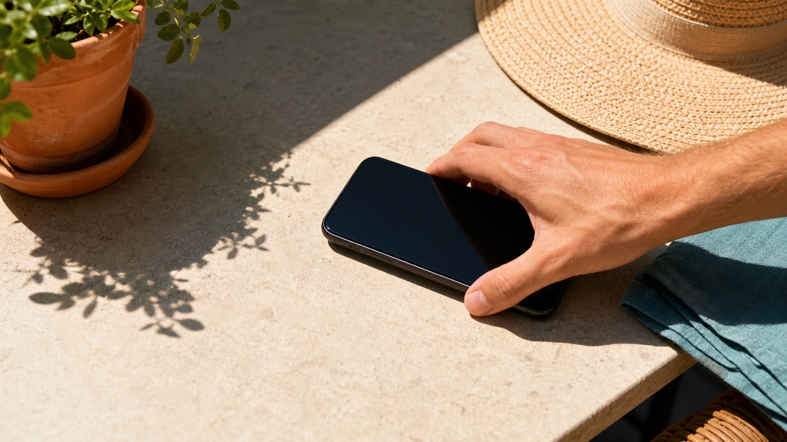 Eine erwachsene Person legt ein Smartphone an einem heißen Sommertag in den Schatten