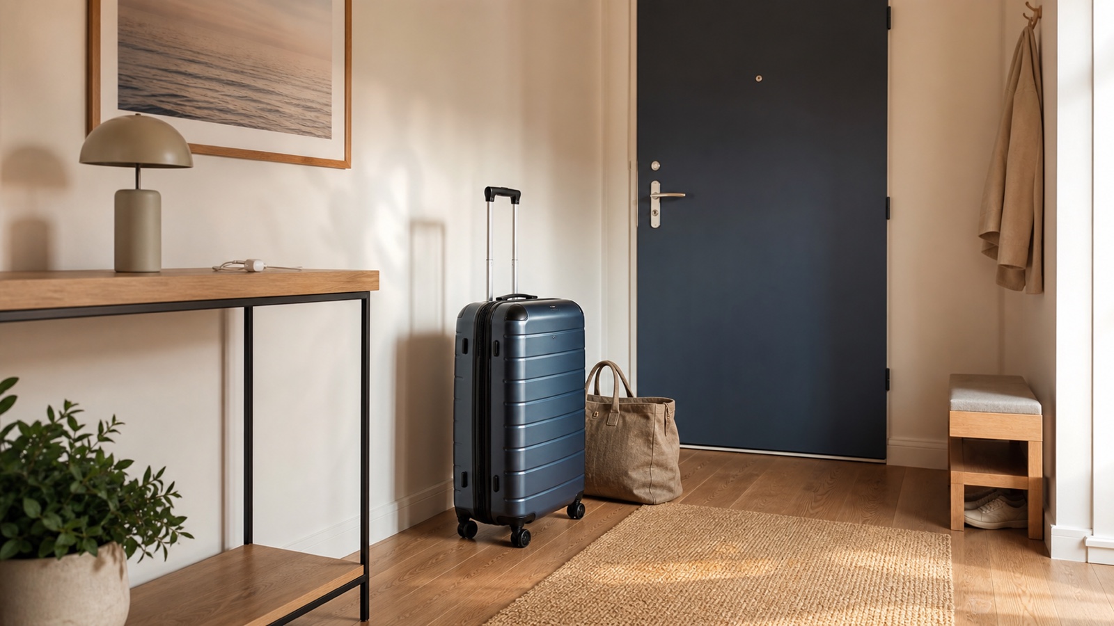 Gepackter Koffer an einer geschlossenen Wohnungstür vor der Urlaubsabreise