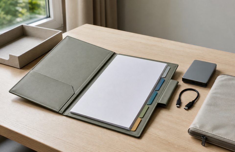 Geöffnete Dokumentenmappe mit neutralen Registern neben einem verschlossenen Backup-Laufwerk