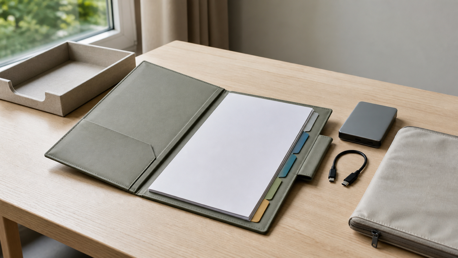 Geöffnete Dokumentenmappe mit neutralen Registern neben einem verschlossenen Backup-Laufwerk