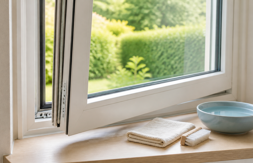 Geöffnetes Fenster mit sauberem Rahmen, sichtbarer Dichtung und bereitgelegtem weichem Pflegetuch