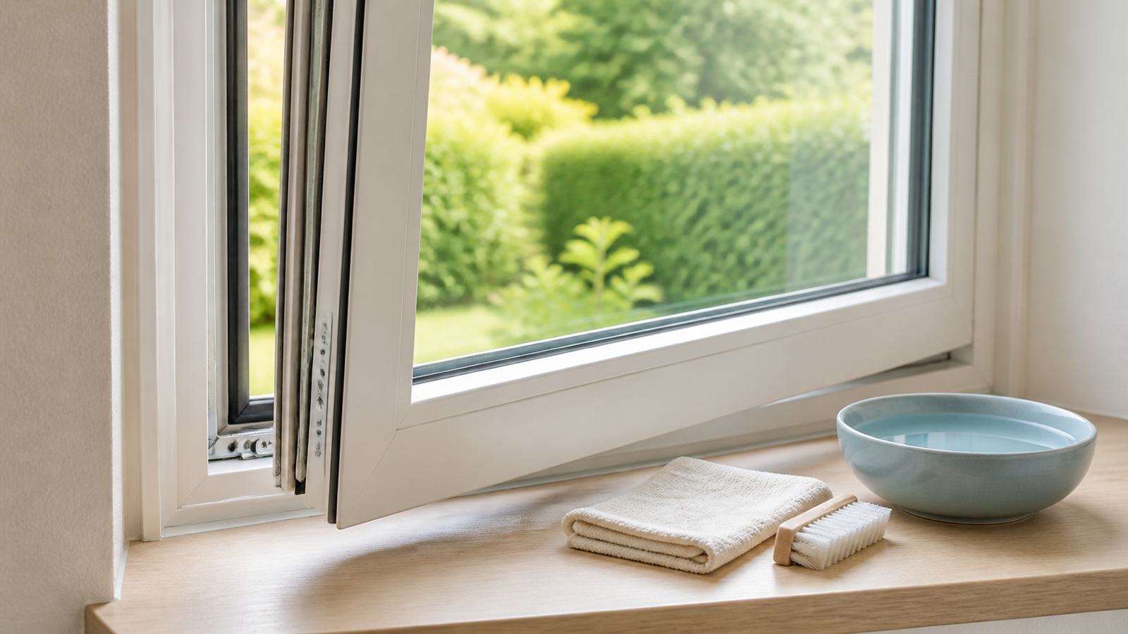 Geöffnetes Fenster mit sauberem Rahmen, sichtbarer Dichtung und bereitgelegtem weichem Pflegetuch