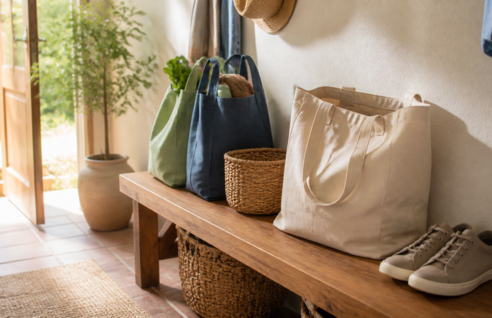 Helle Flurbank mit wiederverwendbaren Taschen, Korb und Schuhen neben einer offenen Tür