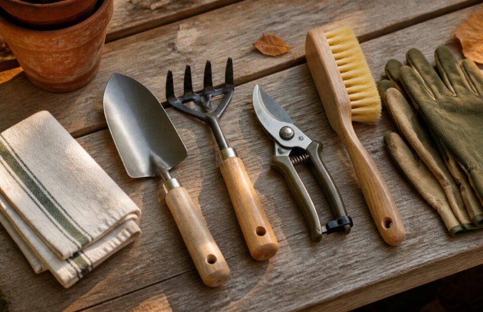Saubere Gartenwerkzeuge auf einem Holztisch