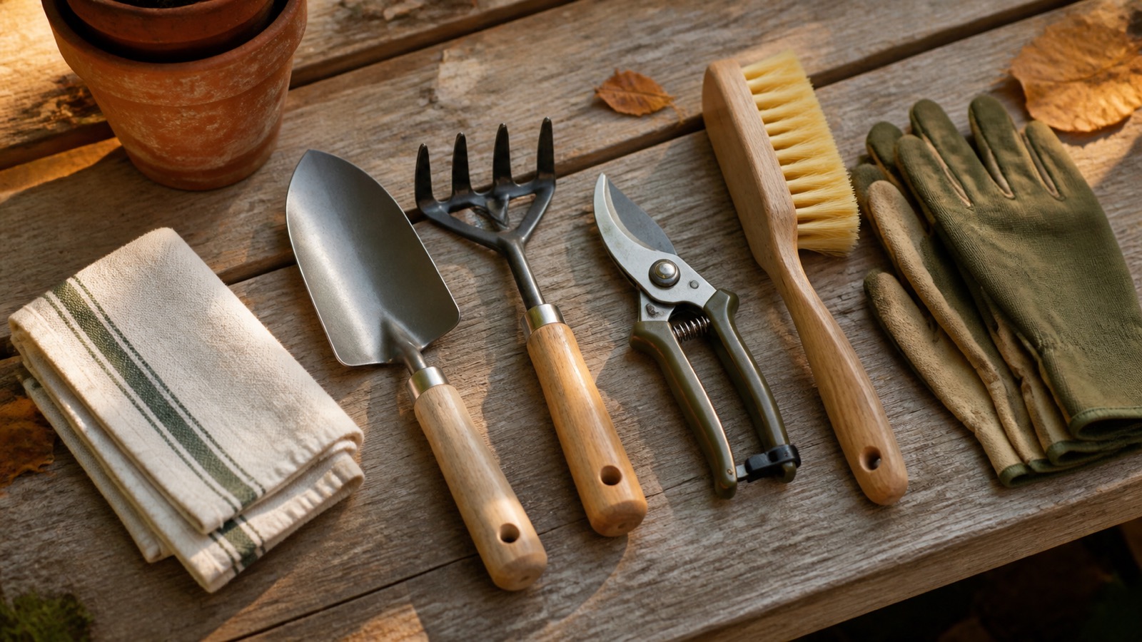 Saubere Gartenwerkzeuge auf einem Holztisch