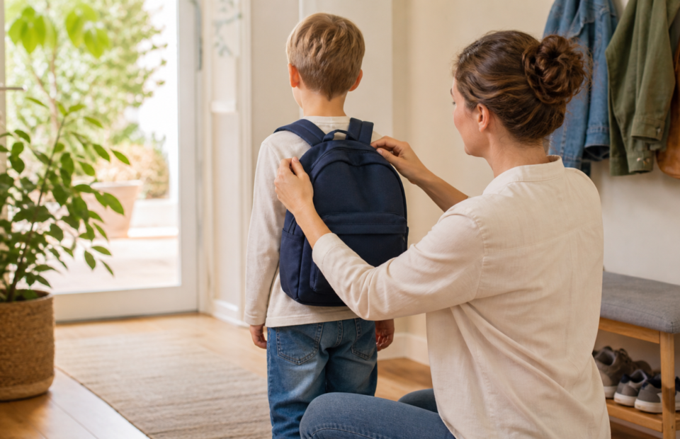 Erwachsene Person stellt einem Schulkind im hellen Flur die Träger eines dunkelblauen Schulranzens ein