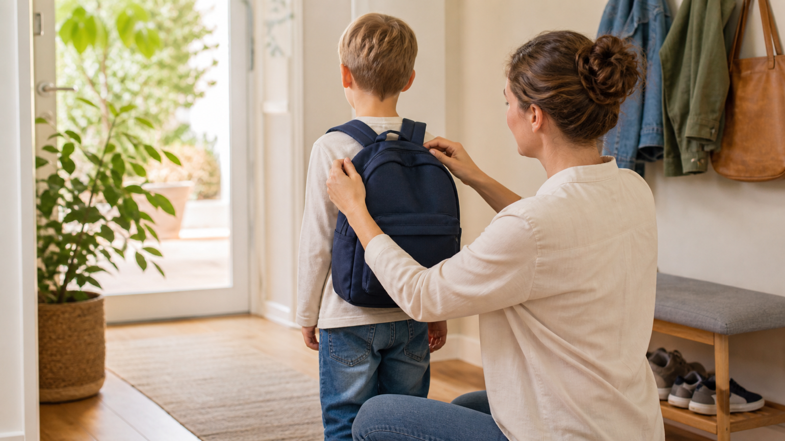 Erwachsene Person stellt einem Schulkind im hellen Flur die Träger eines dunkelblauen Schulranzens ein