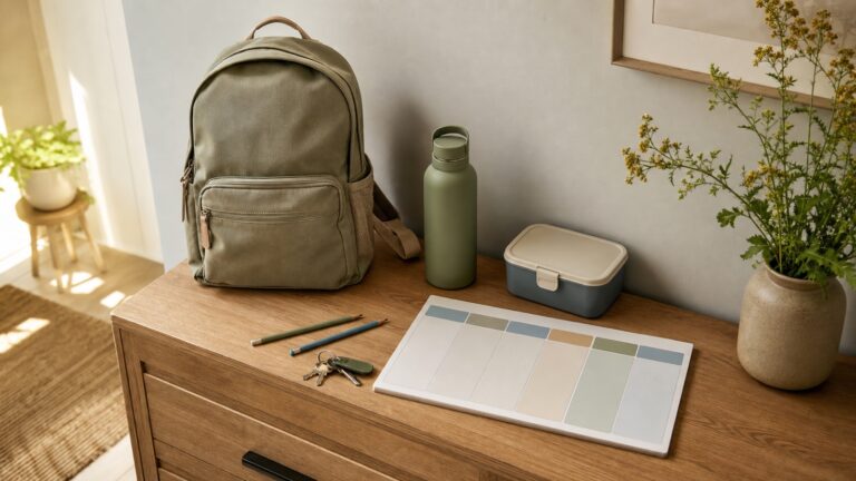 Vorbereitete Schultasche neben einem übersichtlichen Familienkalender für den Schulmorgen
