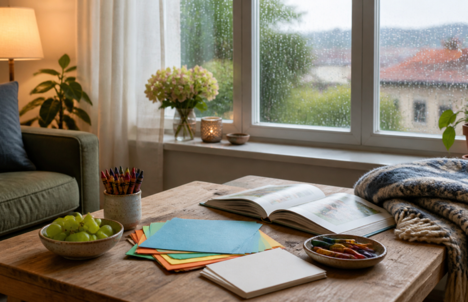 Heller Wohnzimmertisch mit buntem Papier, Wachsmalstiften, einem offenen Bilderbuch und einer Schale Trauben an einem Regentag
