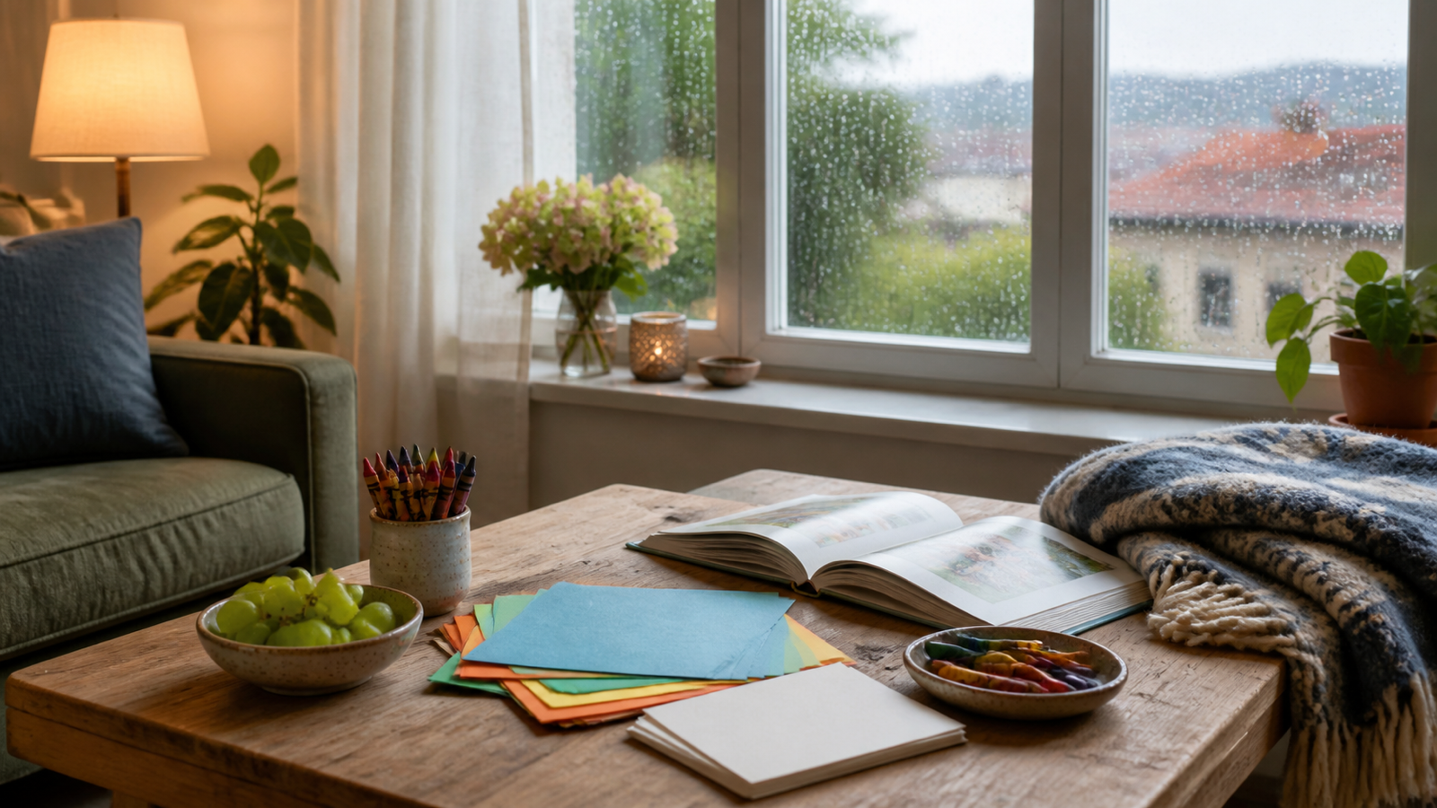 Heller Wohnzimmertisch mit buntem Papier, Wachsmalstiften, einem offenen Bilderbuch und einer Schale Trauben an einem Regentag