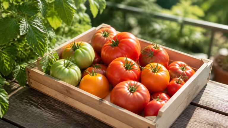 Reife und grüne Tomaten in einer Holzkiste im Spätsommer