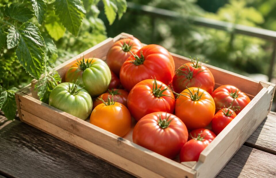 Reife und grüne Tomaten in einer Holzkiste im Spätsommer