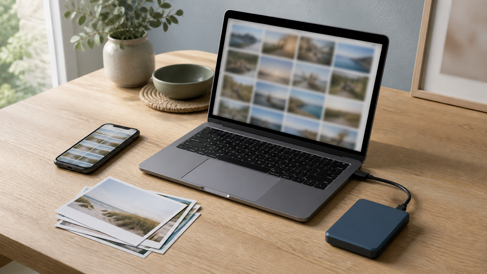 Smartphone und Laptop mit sortierten Urlaubsfotos neben einer externen Sicherungsfestplatte
