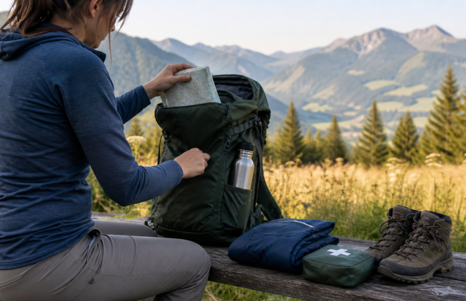 Erwachsene Person packt vor einer spätsommerlichen Bergwanderung einen Rucksack