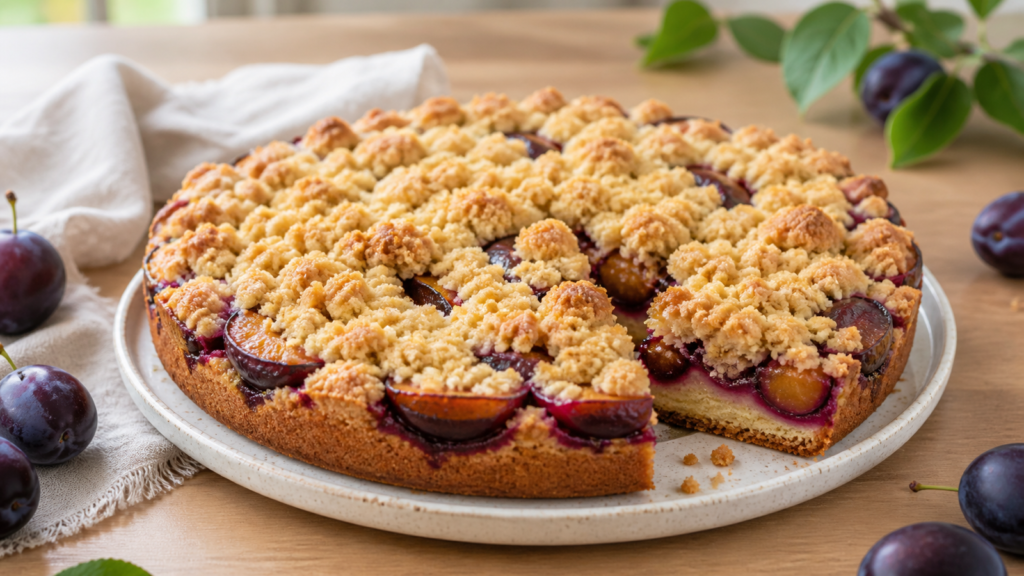 Zwetschgenkuchen mit knusprigen Streuseln auf hellem Holztisch