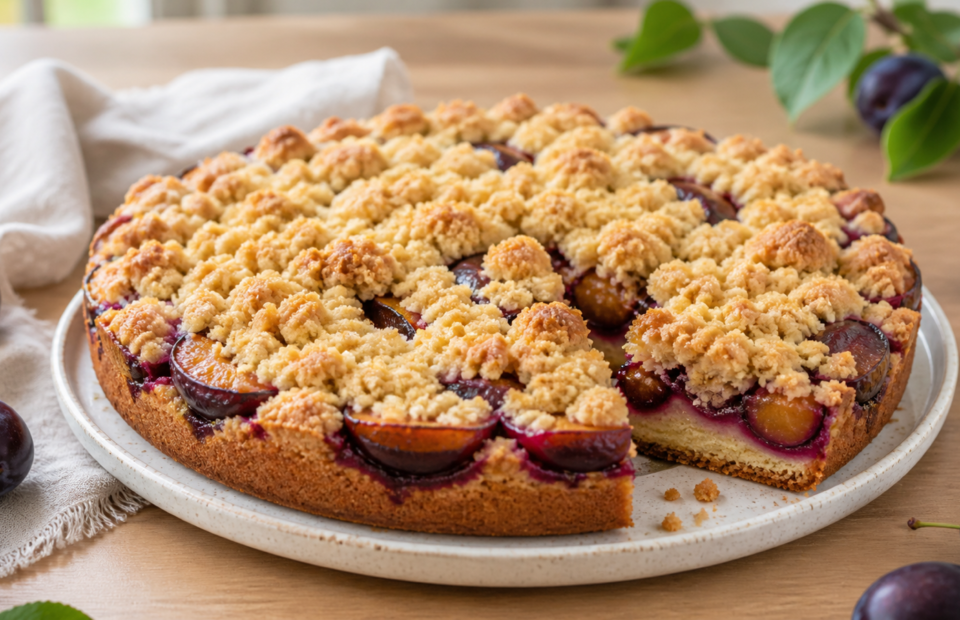 Zwetschgenkuchen mit knusprigen Streuseln auf hellem Holztisch