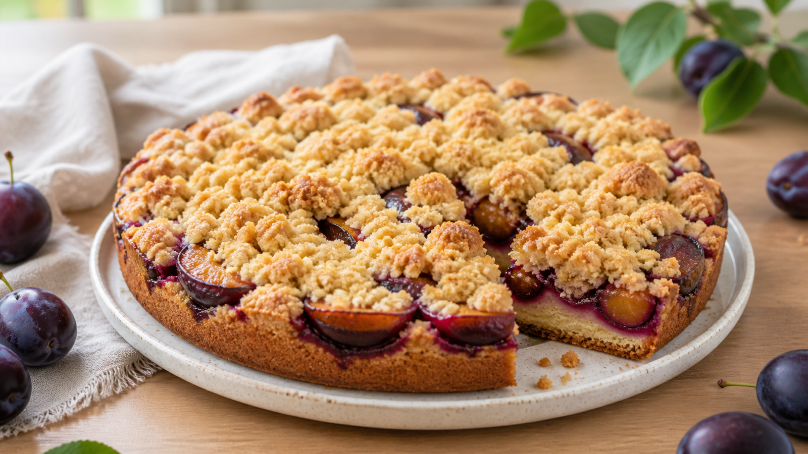 Zwetschgenkuchen mit knusprigen Streuseln auf hellem Holztisch