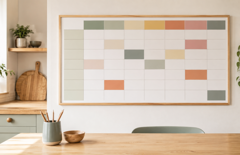 Familienkalender mit farbigen Wochenfeldern an einer hellen Küchenwand
