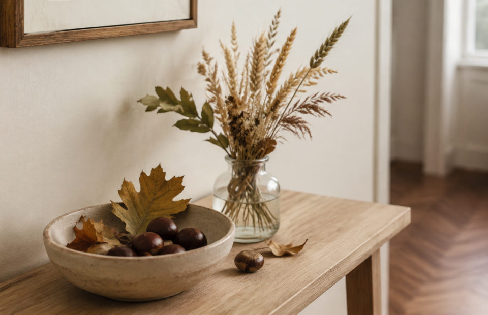 Herbstdeko mit Kastanien, getrockneten Blättern und Gräsern auf einem hellen Holztisch