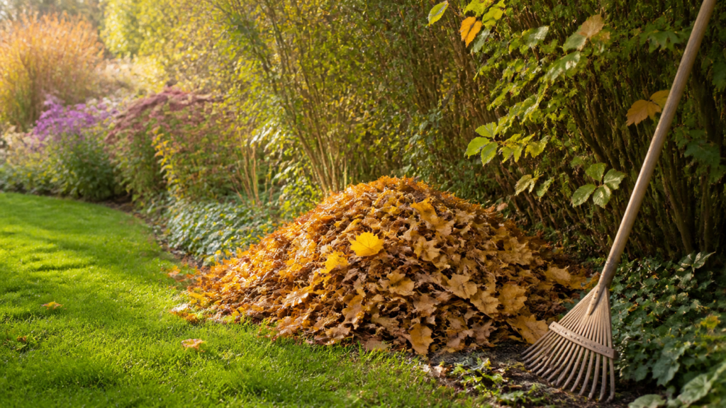 Lockerer Laubhaufen unter einer Hecke im Garten mit Rechen im Frühherbst