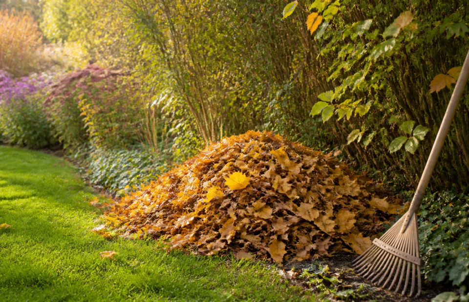 Lockerer Laubhaufen unter einer Hecke im Garten mit Rechen im Frühherbst