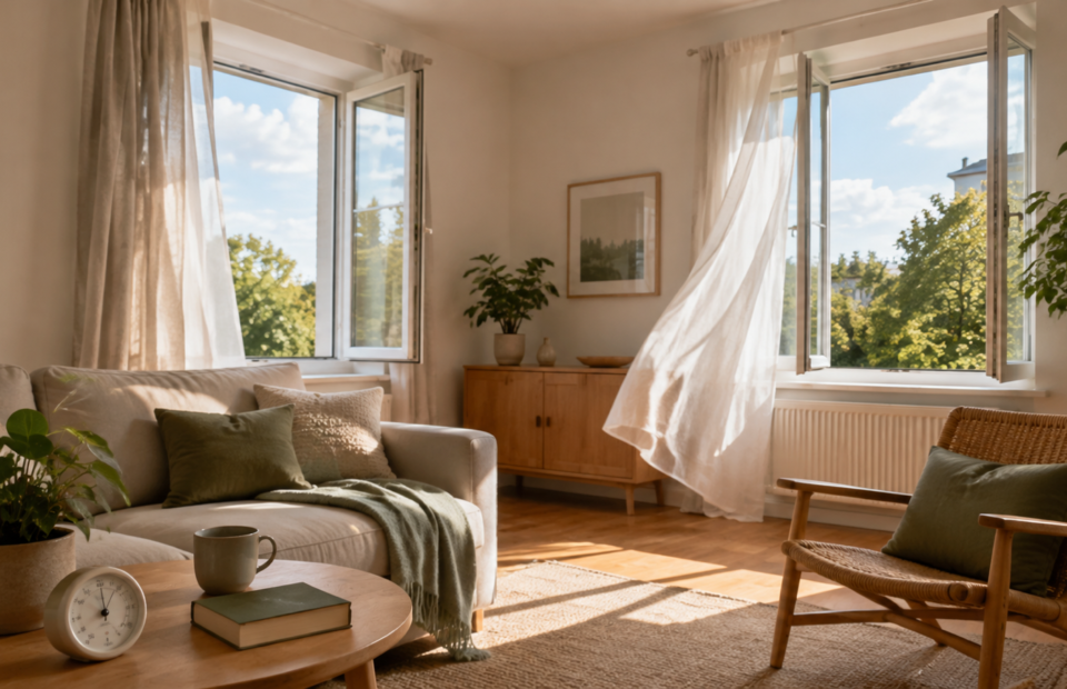 Helles Wohnzimmer mit weit geöffneten Fenstern und bewegten Vorhängen beim Lüften im September