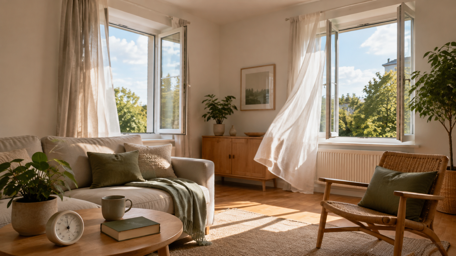 Helles Wohnzimmer mit weit geöffneten Fenstern und bewegten Vorhängen beim Lüften im September
