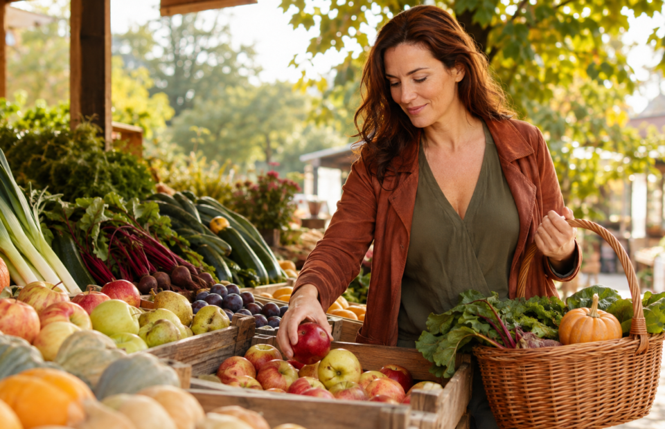 Erwachsene Frau wählt im September frisches Obst und Gemüse an einem Marktstand aus
